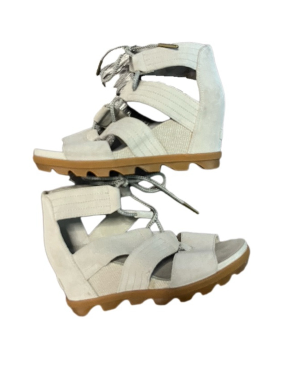 Sorel White and Tan Lace-Up Wedge Sandals